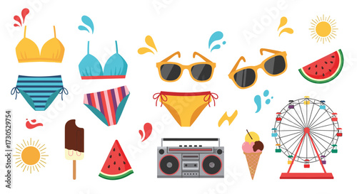 Summer vacation and fun beach activities icons and symbols.