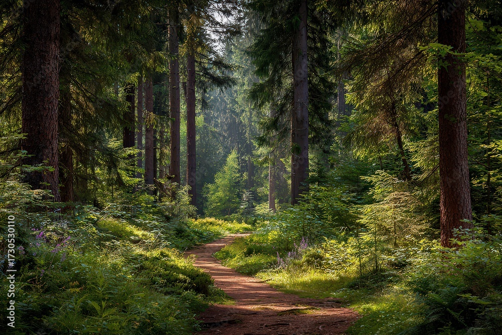 Fototapeta premium Forest Path Through Sunlight Dappled Trees