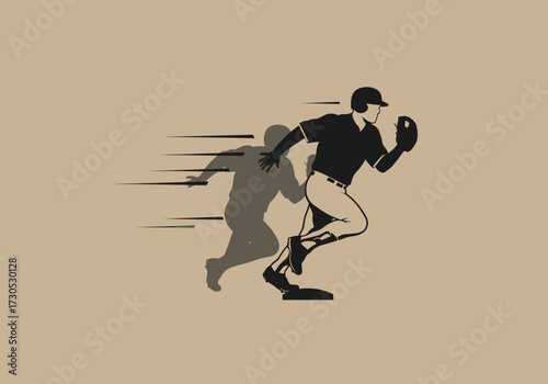 Baseball Player Running With Shadow On Brown Background, baseball, player, running, runner, sport, athlete, action, motion, speed, shadow, silhouette, baseball glove, cap, uniform, base, field, game, 