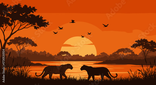 Two leopards walking by the river at sunset in silhouette  