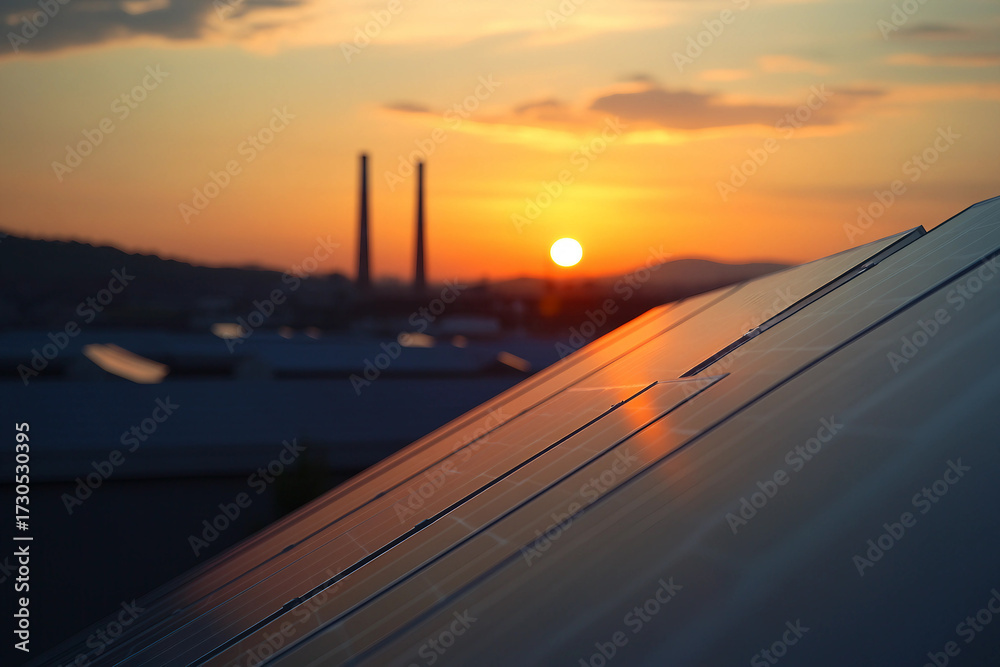 Obraz premium Generative AI image showing contrast between solar panels and industrial pollution during sunset, energy transition concept