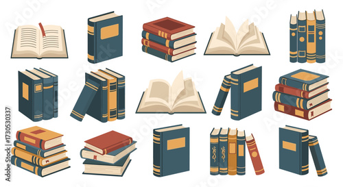A collection of pixel art books in various stacks and arrangements.