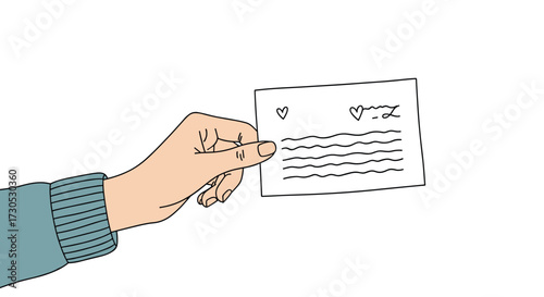 A hand holds a handwritten letter with hearts on it.