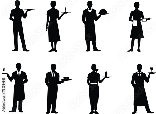 "Elegant waitstaff silhouettes serving drinks and food in various uniforms for restaurant, hospitality, catering, and service industry design projects."