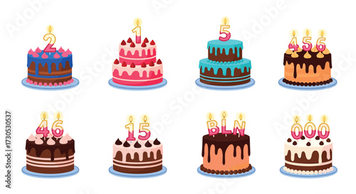 Pixel art celebration cakes with candles for birthdays.