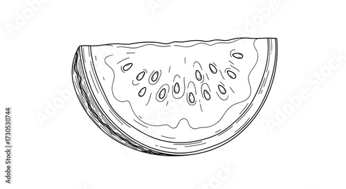 A fresh slice of juicy fruit with visible seeds and rind texture.