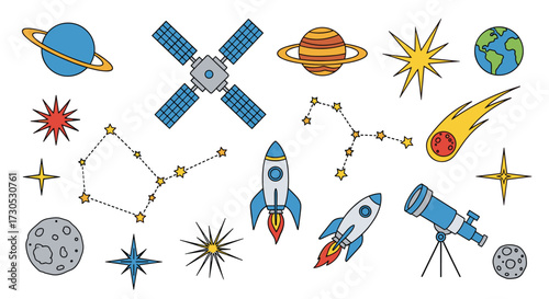 A collection of colorful hand-drawn space objects and celestial bodies.