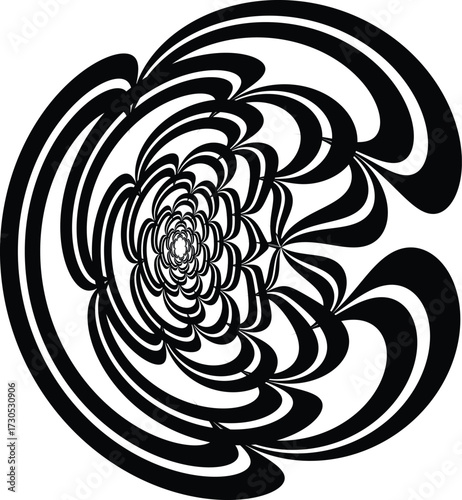 The image is a black and white vector design. The pattern has a central flower-like shape and spiraling lines radiating from the center.