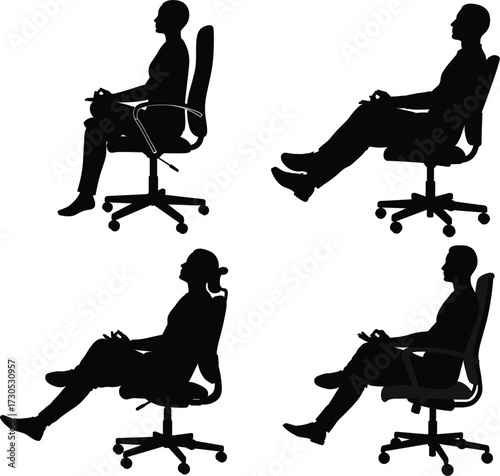 Four silhouettes of people sitting in office chairs, silhouette, people, man, woman, sitting, office chair, chair, executive chair, desk chair, business, work, office, professional, meeting, waiting, 