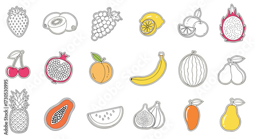 A variety of colorful fruits and vegetables are illustrated in a playful doodle style.