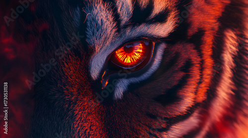 Dramatic close-up of a tiger's face, featuring a glowing orange eye and vibrant fur patterns.  The background is dark and smoky.