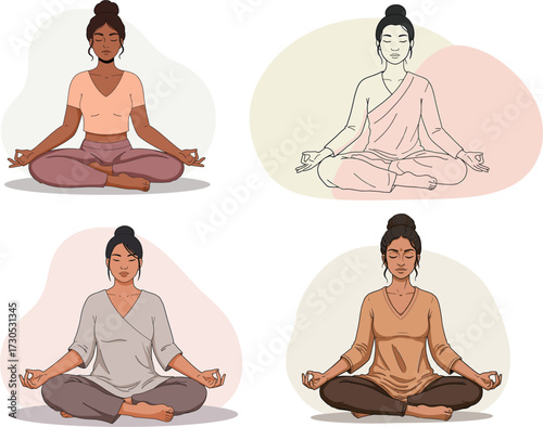 Four women meditating in lotus pose with soft color backgrounds, meditation, yoga, woman, female, sitting, lotus pose, zen, peace, calm, relaxation, mindfulness, spiritual, wellness, health, exercise,