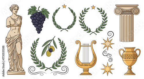 Ancient Greek mythology and culture elements set.