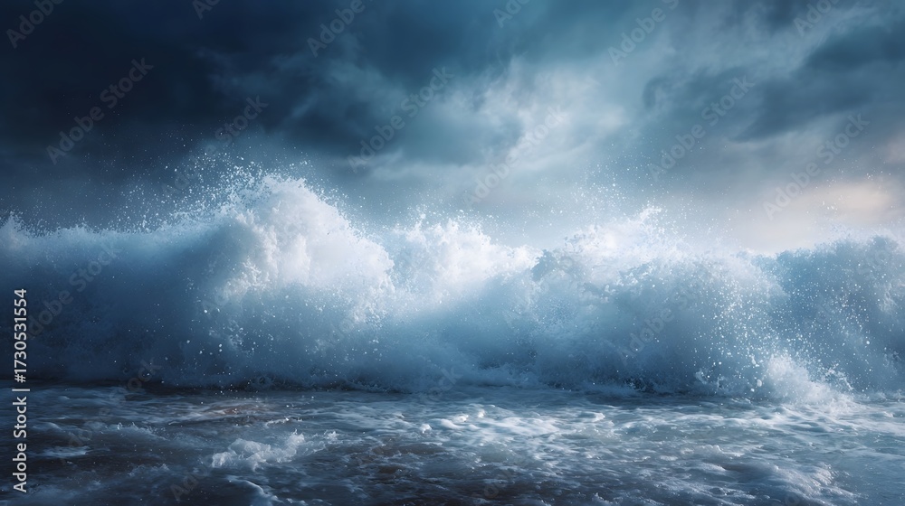 Fototapeta premium A massive ocean wave crashes violently under a dark stormy sky showcasing the immense power of nature