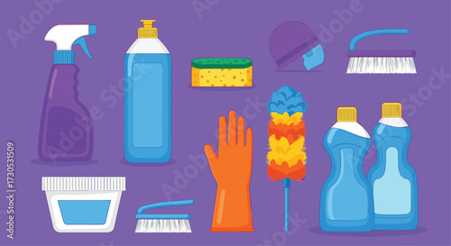 Collection of cleaning supplies for tidying up the house.