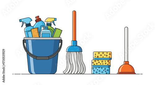 Household cleaning supplies and tools for a spotless home.