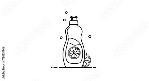 A bottle of dish soap with a lemon slice and bubbles nearby.