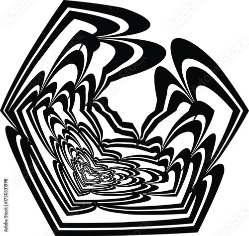 An abstract, black and white vector graphic, possibly an icon, with a distorted pentagon shape creating an optical illusion.