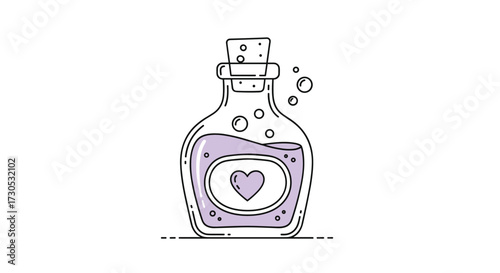A magical potion in a bottle with a heart symbol and bubbles.