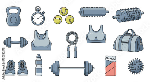 A collection of pixel art fitness equipment for your workout needs.