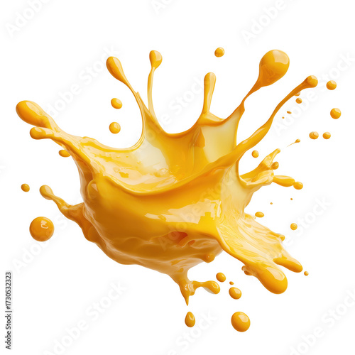 Vibrant orange liquid splash frozen mid-air isolated on a transparent background fluid dynamic