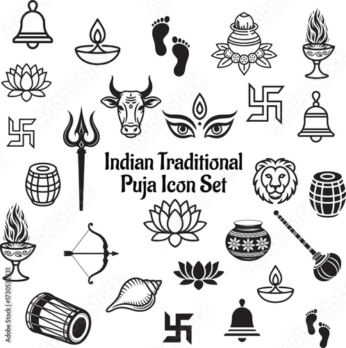 puja icon set indian traditional
