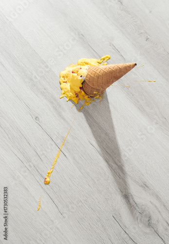 Ice cream in a waffle cone fell on floor