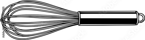 black and white image of a whisk, kitchen utensil, cooking tool, vector illustration