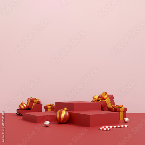 Minimal Red Christmas Scene with Gifts and Ornaments