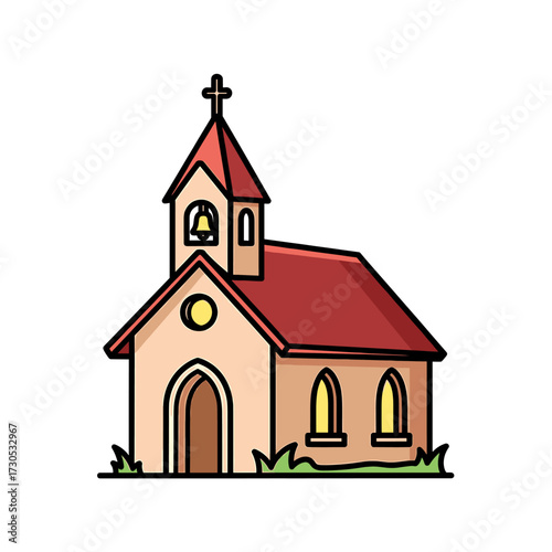 Cartoon illustration of a church building with a cross on top, featuring a bell tower and arched windows.