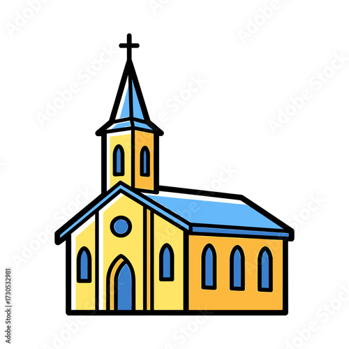 Cartoon illustration of a yellow church building with a blue roof, steeple, and cross.