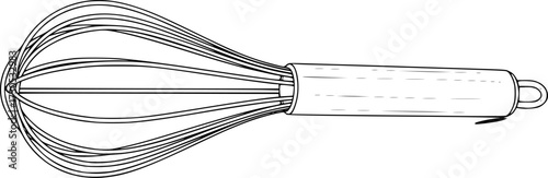 black and white image of a whisk, kitchen utensil, cooking tool, vector illustration
