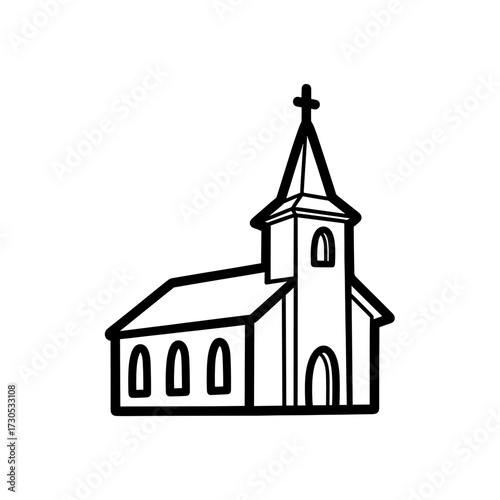 Illustration of a church with a steeple and cross.