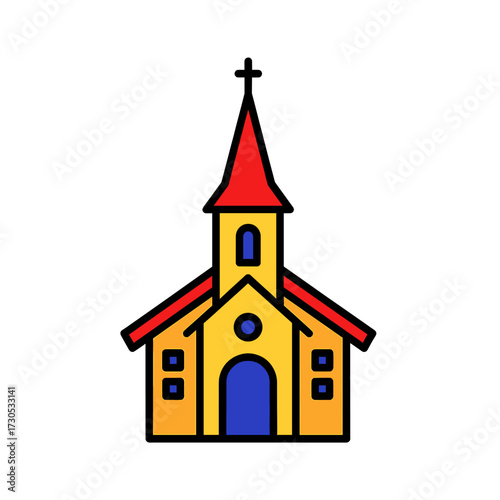 A colorful cartoon illustration of a traditional church with a red roof and steeple against a plain white background.