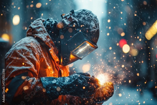 A welder welding in the snow.