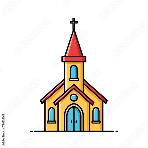 A simple cartoon illustration of a traditional Christian church with a red steeple and cross, isolated on a white background.