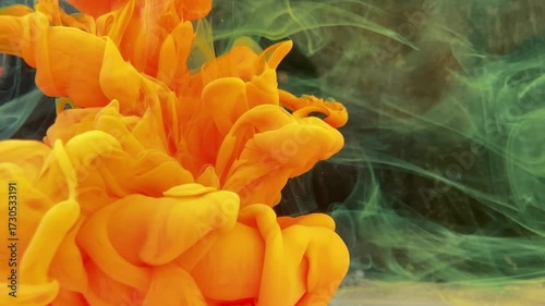  abstract composition showcasing the fluid dance of vibrant orange and serene green hues, Yellow orange background with texture and distressed vintage grunge and watercolor