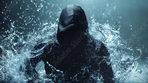 Dark hooded figure engulfed by a dynamic water spray.  Dramatic lighting and intense motion convey a sense of mystery.