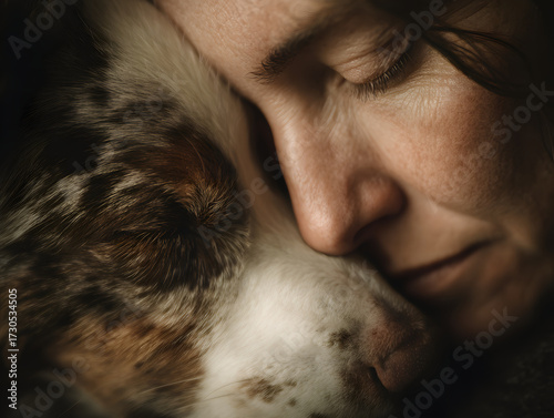 Woman face close up eyes closed pressed gently against dog face showing deep emotional bond love and comfort soft natural light peaceful moment intimate connection