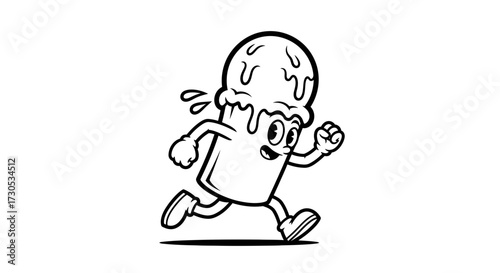 Energetic vintage cartoon character of a melting ice cream cone running in a hurry, a dynamic drawing