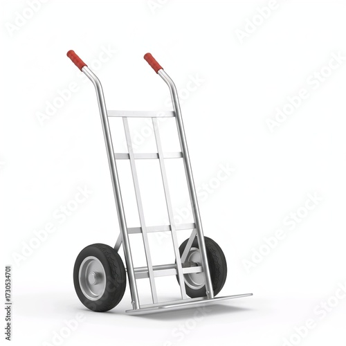 Two-Wheeled Hand Truck Dolly with Single Brown Cardboard Box on White Background 