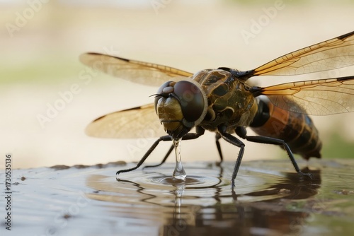 Dragonfly drinking water from a surface, close-up view showing detailed wings and droplet