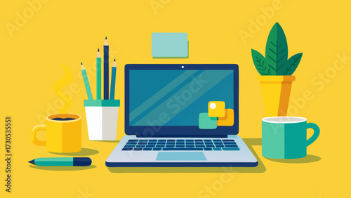 Modern flat design workspace with laptop and coffee
