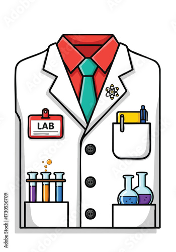 Cartoon Scientist Lab Coat with Science Equipment Illustration.