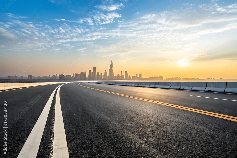 Fototapeta premium Empty asphalt highway stretches towards city skyline and sunset over water