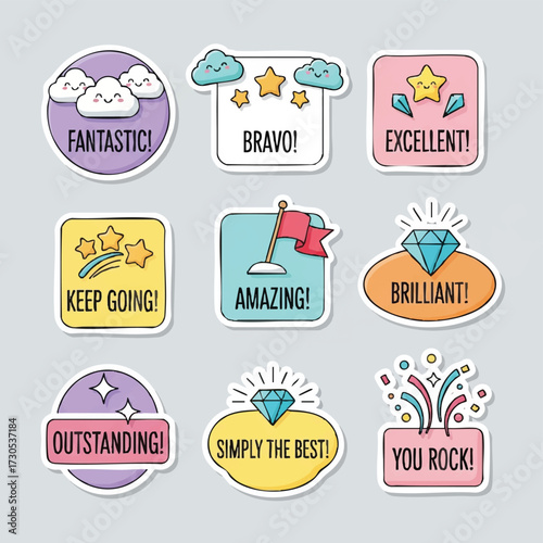Collection of Motivational Stickers for Achievement and Success.