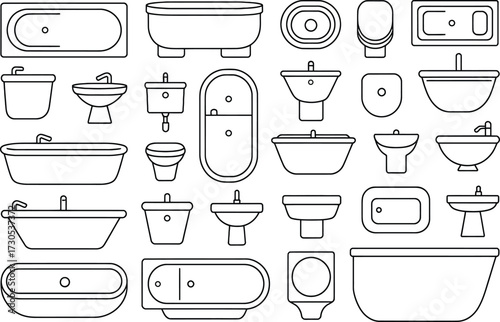 Bathroom Furniture Vector Icons Set – Bathtub, Toilet, Sink, Washbasin Line Art Illustration