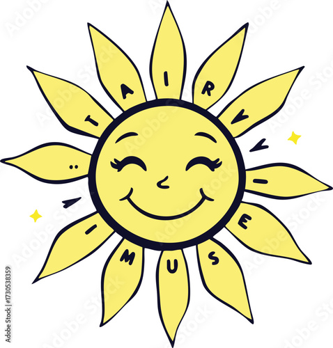 Smiling sun illustration with “FAIRY MUSE” lettering and sparkles, whimsical vector design for fantasy, branding, and inspiration