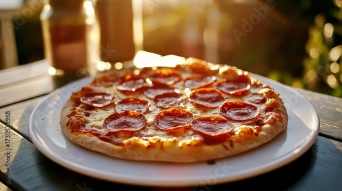Wallpaper Mural Freshly Baked Pepperoni Pizza on a Wooden Table at Sunset Torontodigital.ca