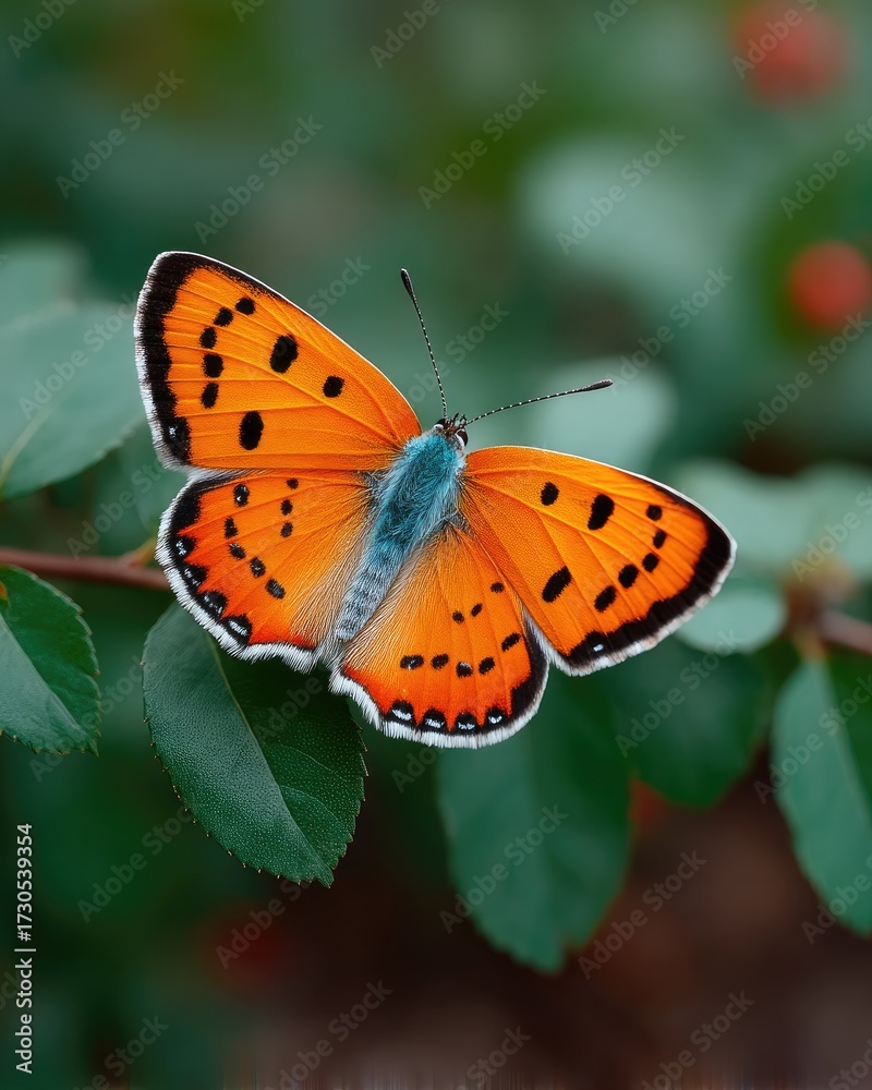 Obraz premium Macro Close Up of a Butterfly with Orange Wings on Green Leaves Nature Background